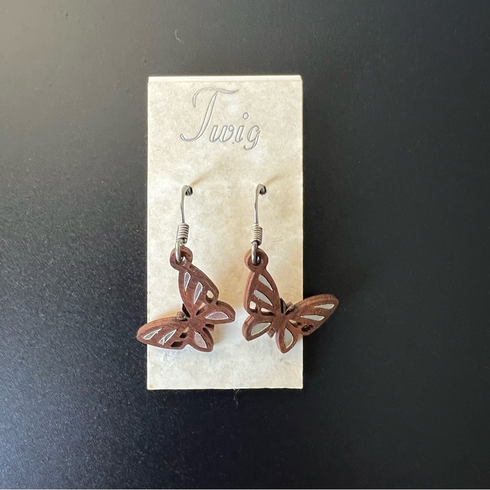 Openwork Butterfly Earrings, Carved Wood with Silver Foil Inlay | 1" Drop
